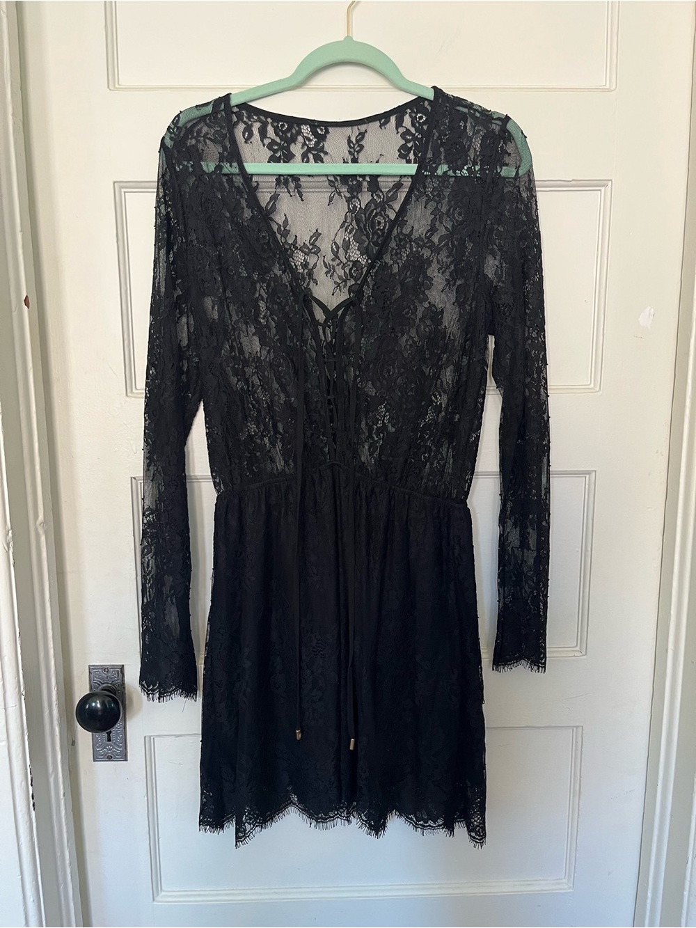 Black Lace Long-Sleeve Corset V-Neck Dress